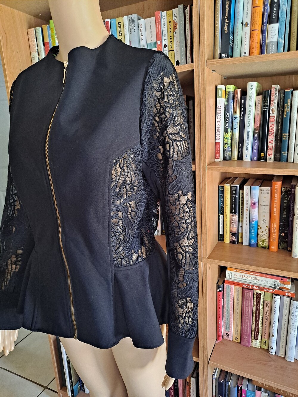 XOXO Elegant Black Lace-Sleeve Zip-Front Jacket